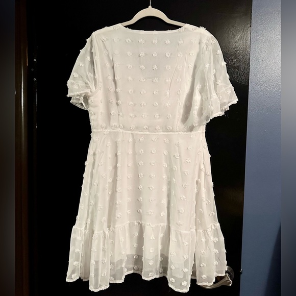 Swiss Dot Dress V-Neck Ruffle Short Sleeve Summer Casual Flowy Shift Mini Dress - Picture 3 of 5